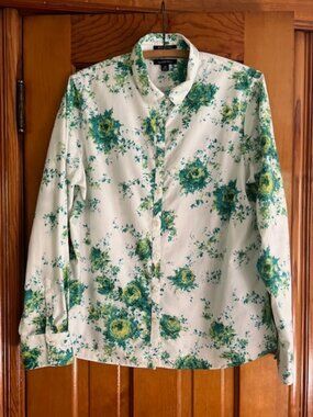 Lands' End No Iron Supima  Lng-Slv Pure Cotton Floral Shirt  Women's Size 14